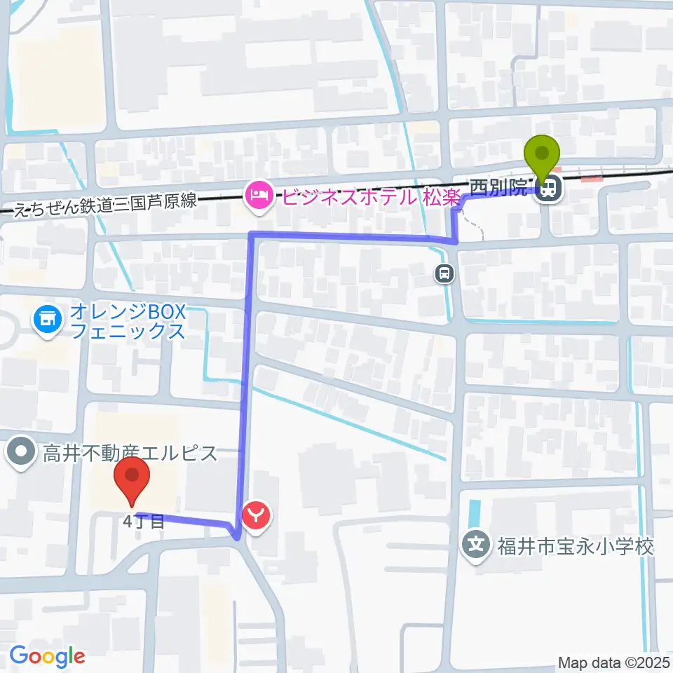 西別院駅から福井市体育館へのルートマップ地図