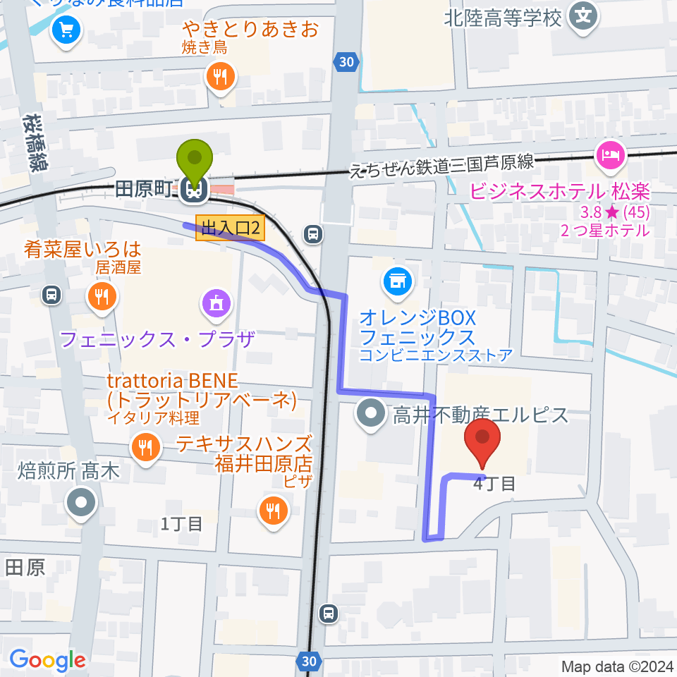 福井市体育館の最寄駅田原町駅からの徒歩ルート（約5分）地図