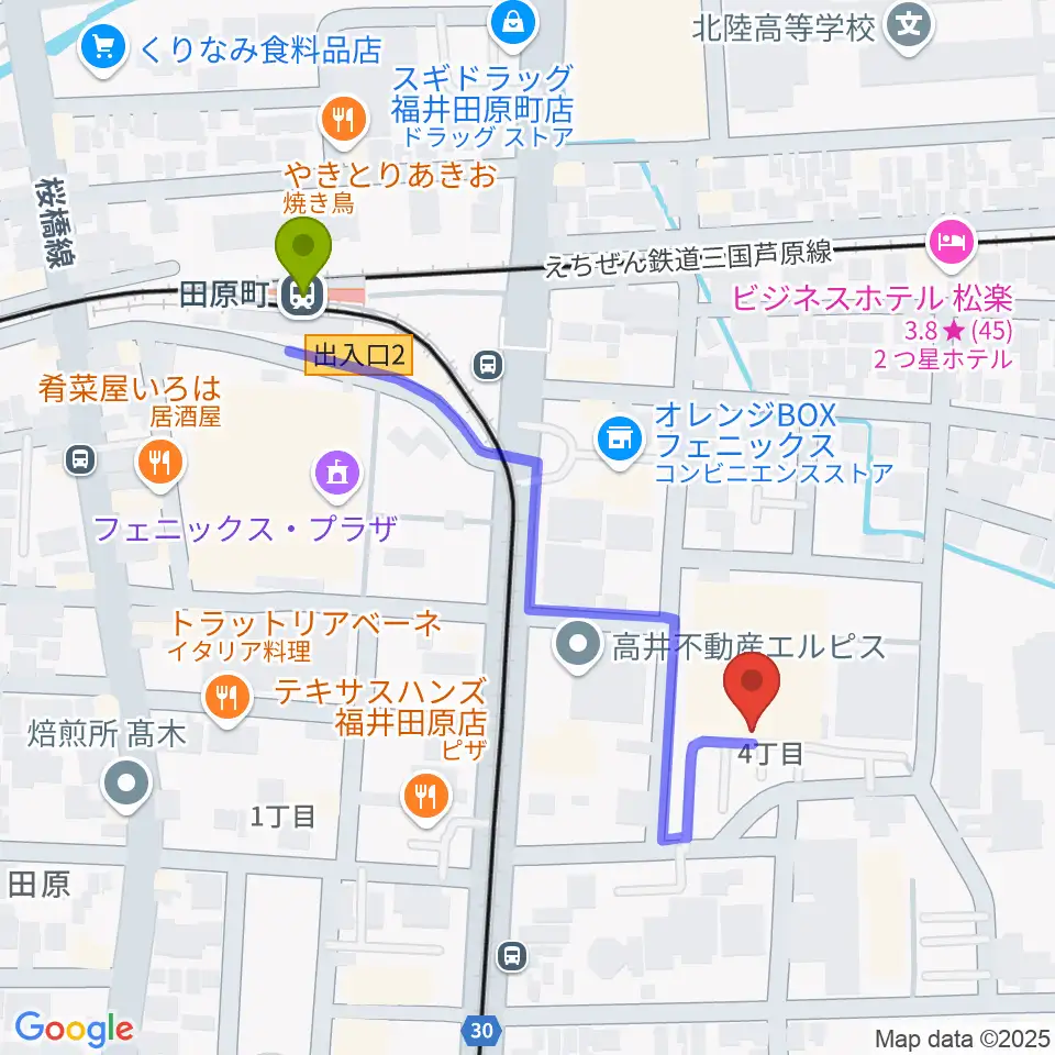 福井市体育館の最寄駅田原町駅からの徒歩ルート（約5分）地図