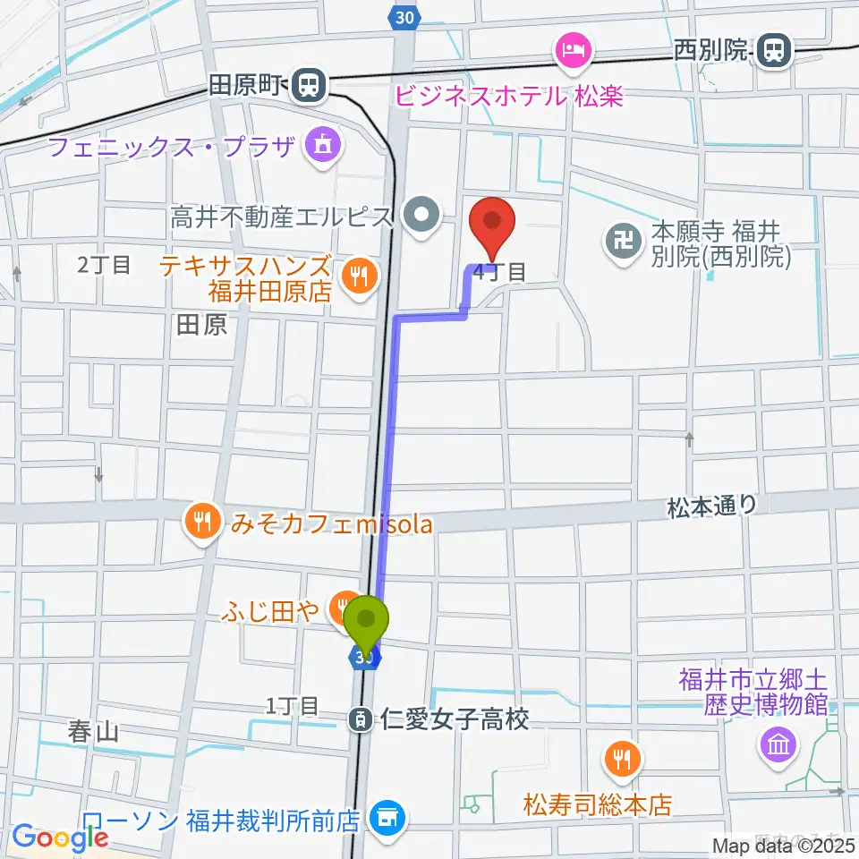 仁愛女子高校駅から福井市体育館へのルートマップ地図