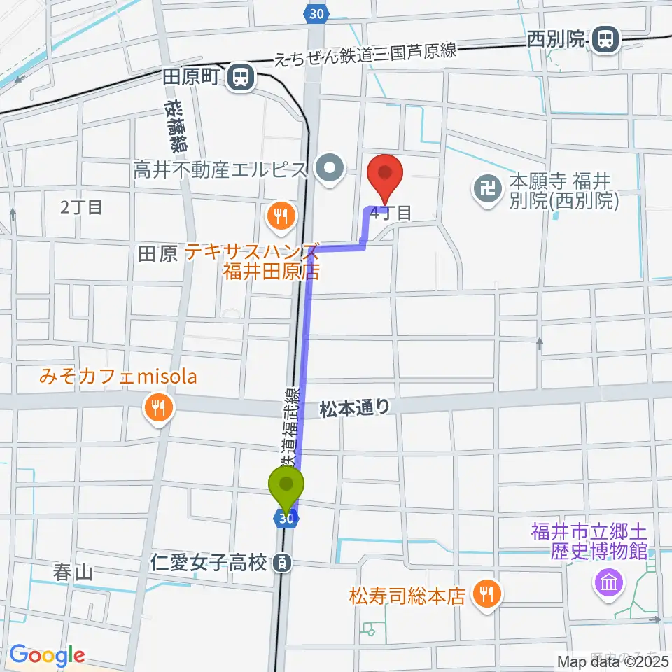 仁愛女子高校駅から福井市体育館へのルートマップ地図