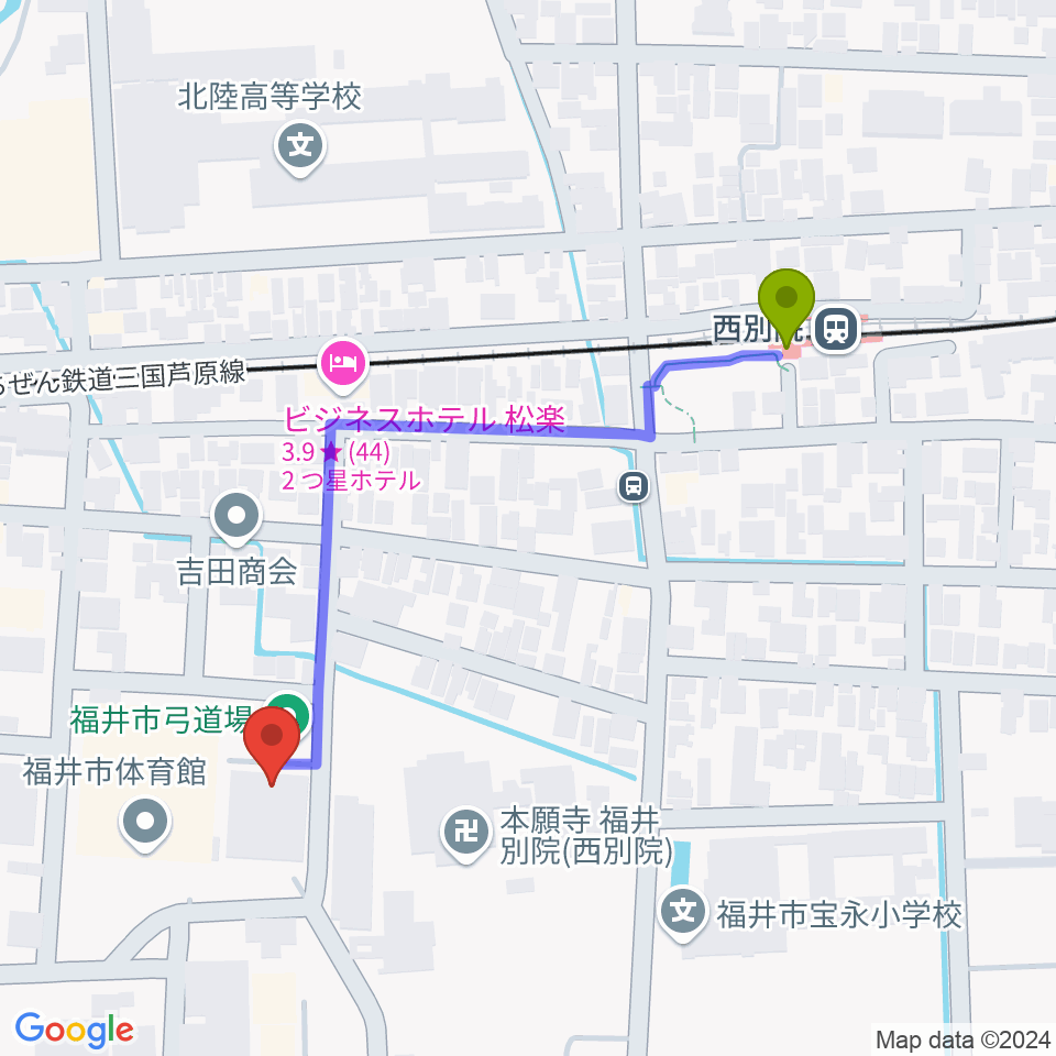 福井市弓道場の最寄駅西別院駅からの徒歩ルート（約5分）地図