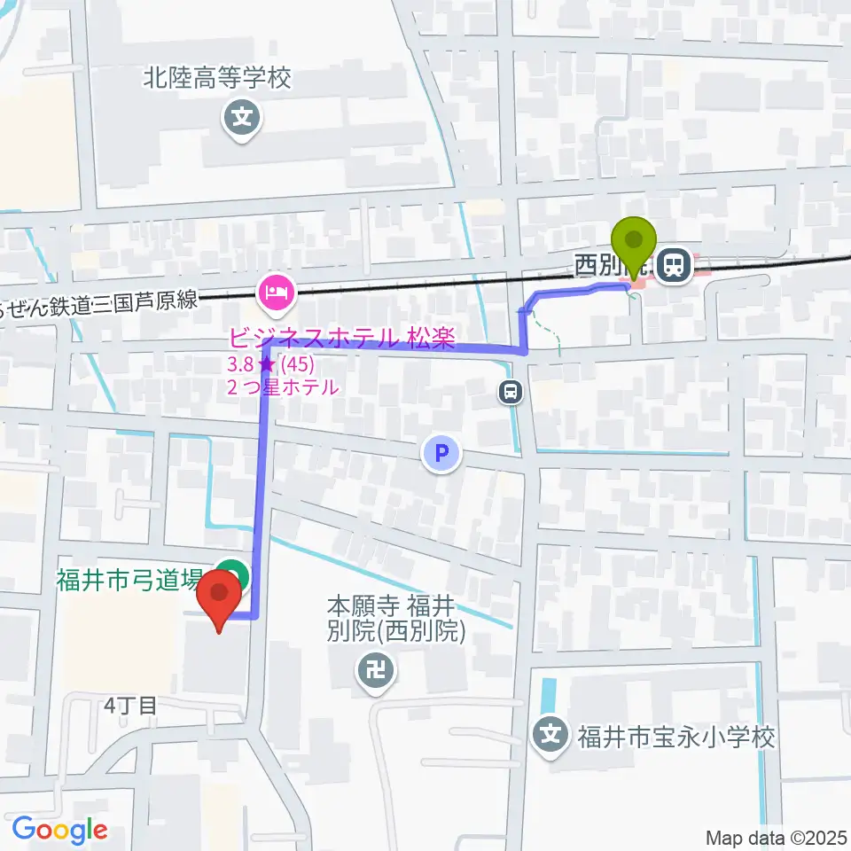 福井市弓道場の最寄駅西別院駅からの徒歩ルート（約5分）地図