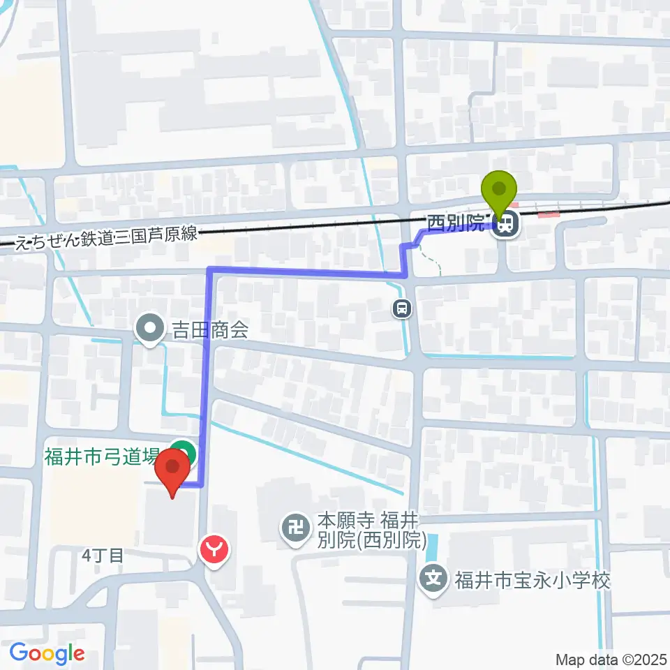 福井市弓道場の最寄駅西別院駅からの徒歩ルート（約5分）地図