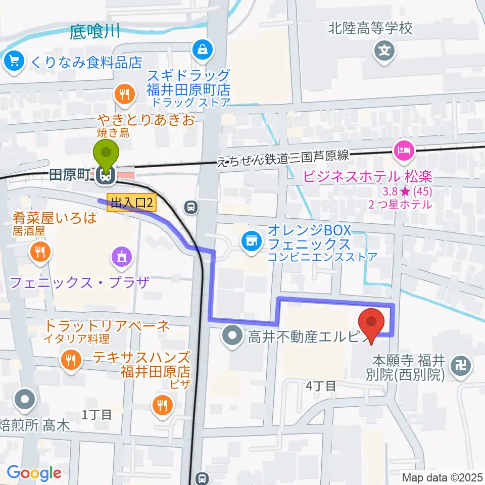 田原町駅から福井市弓道場へのルートマップ地図