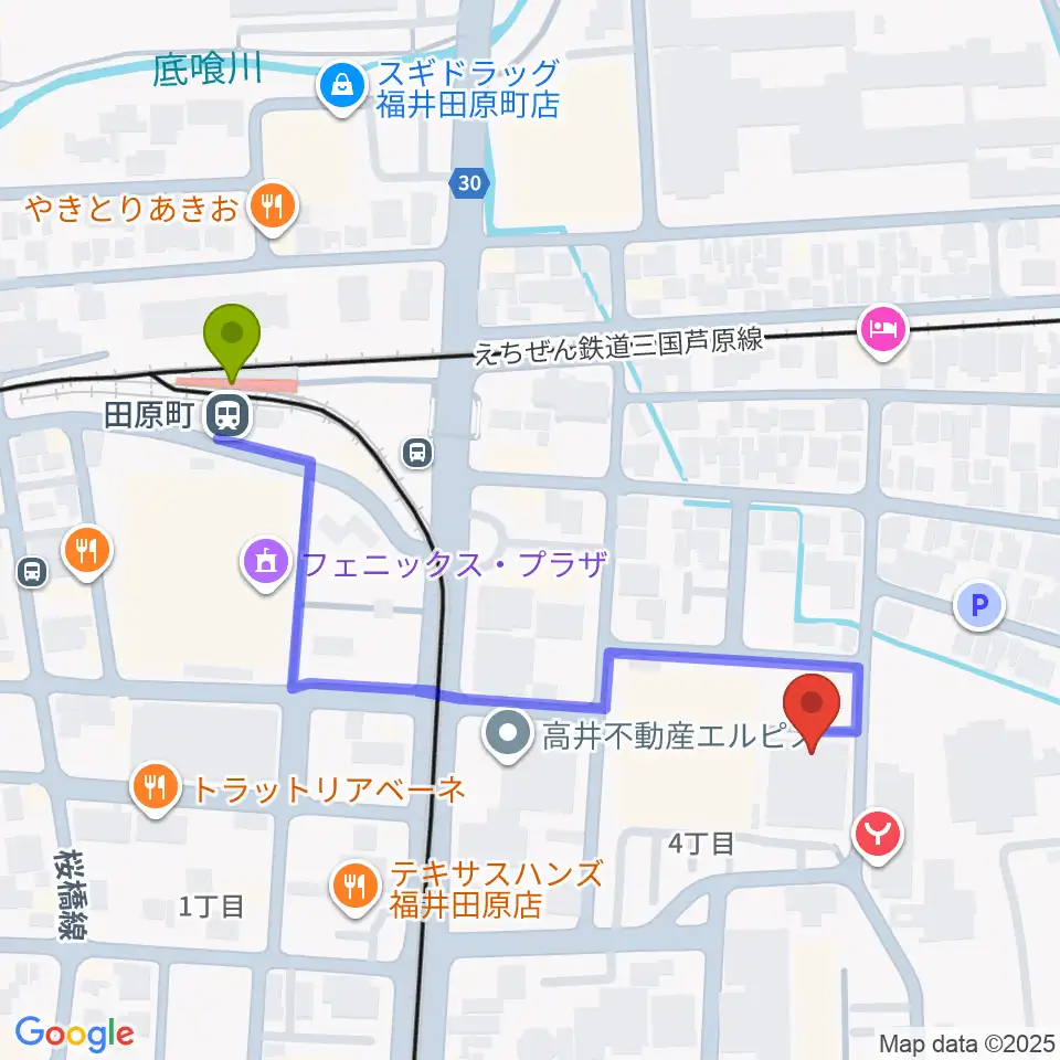 田原町駅から福井市弓道場へのルートマップ地図