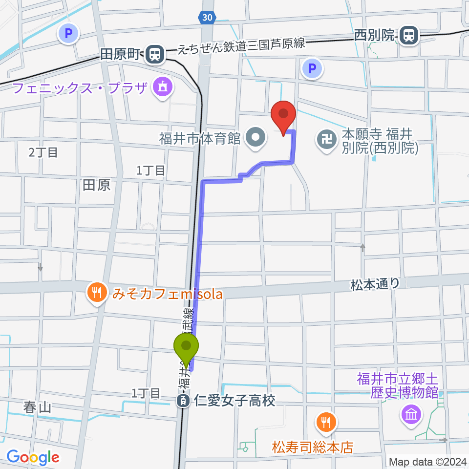 仁愛女子高校駅から福井市弓道場へのルートマップ地図