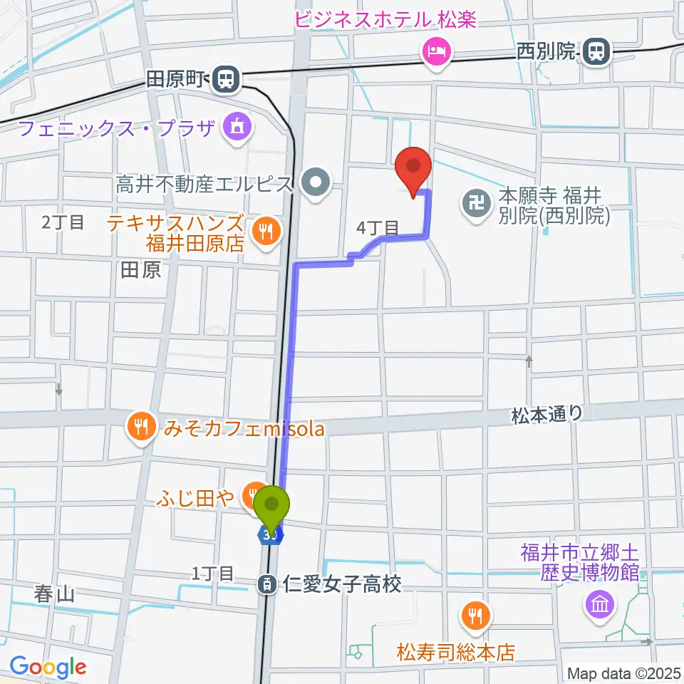 仁愛女子高校駅から福井市弓道場へのルートマップ地図