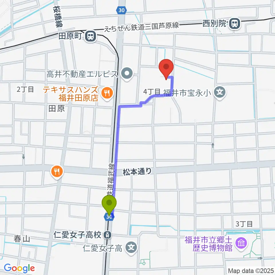 仁愛女子高校駅から福井市弓道場へのルートマップ地図