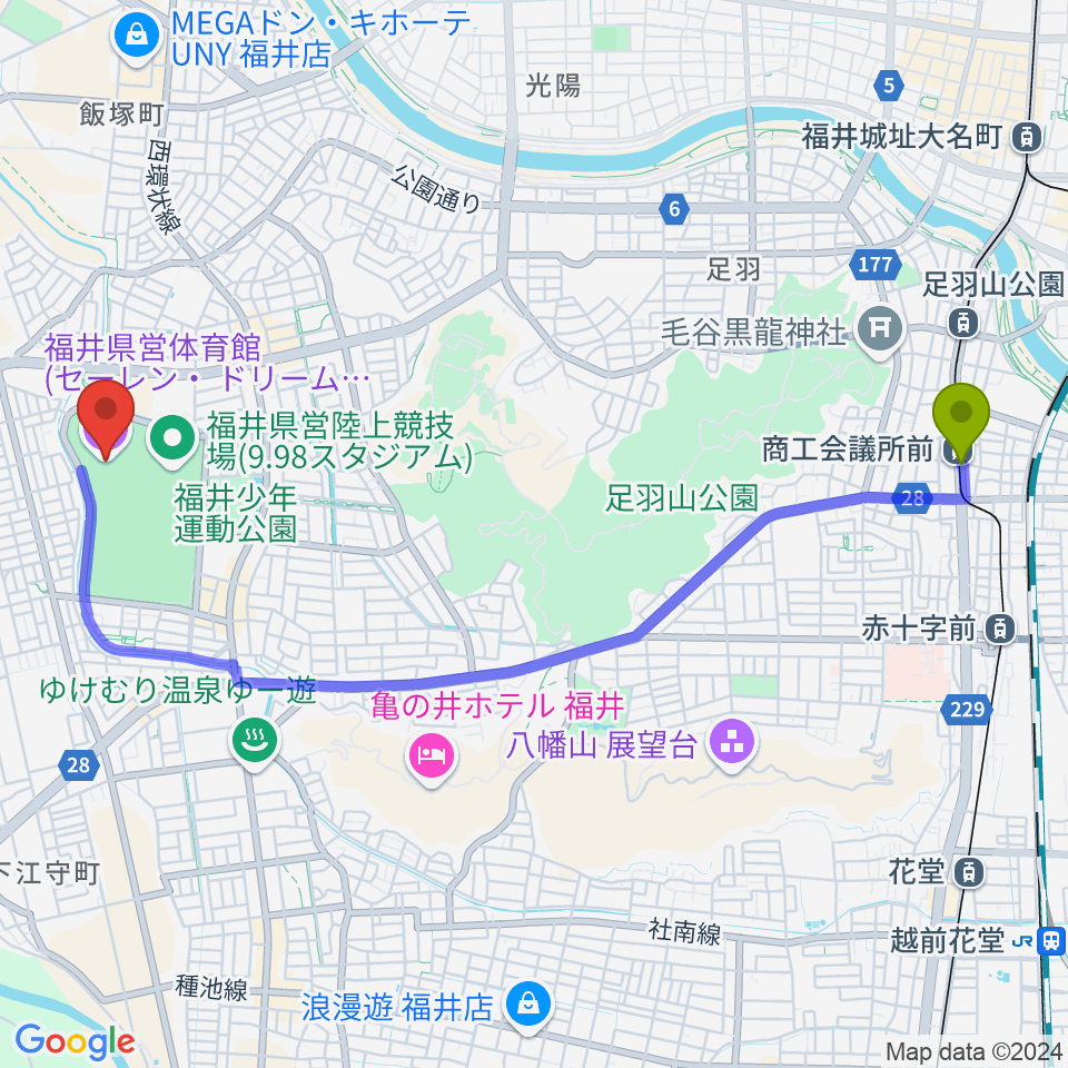 セーレン・ドリームアリーナの最寄駅商工会議所前駅からの徒歩ルート（約50分）地図