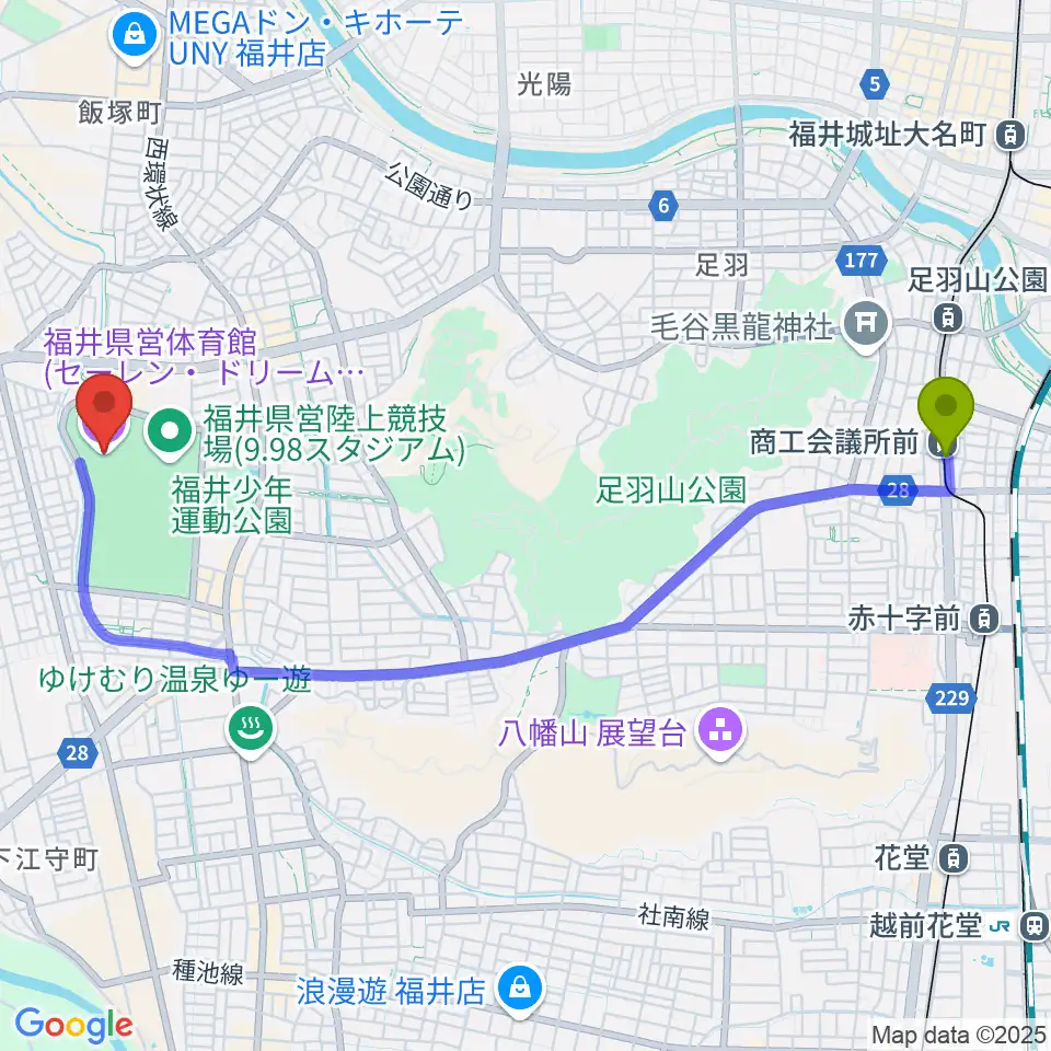 セーレン・ドリームアリーナの最寄駅商工会議所前駅からの徒歩ルート（約50分）地図