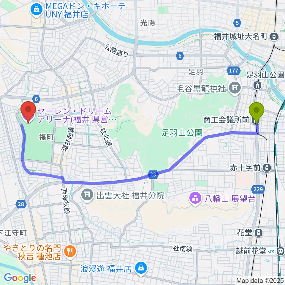 セーレン・ドリームアリーナの最寄駅商工会議所前駅からの徒歩ルート（約50分）地図