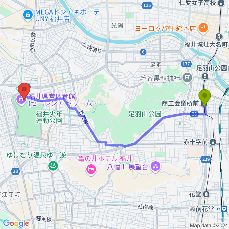 福井運動公園補助競技場の最寄駅商工会議所前駅からの徒歩ルート（約49分）地図