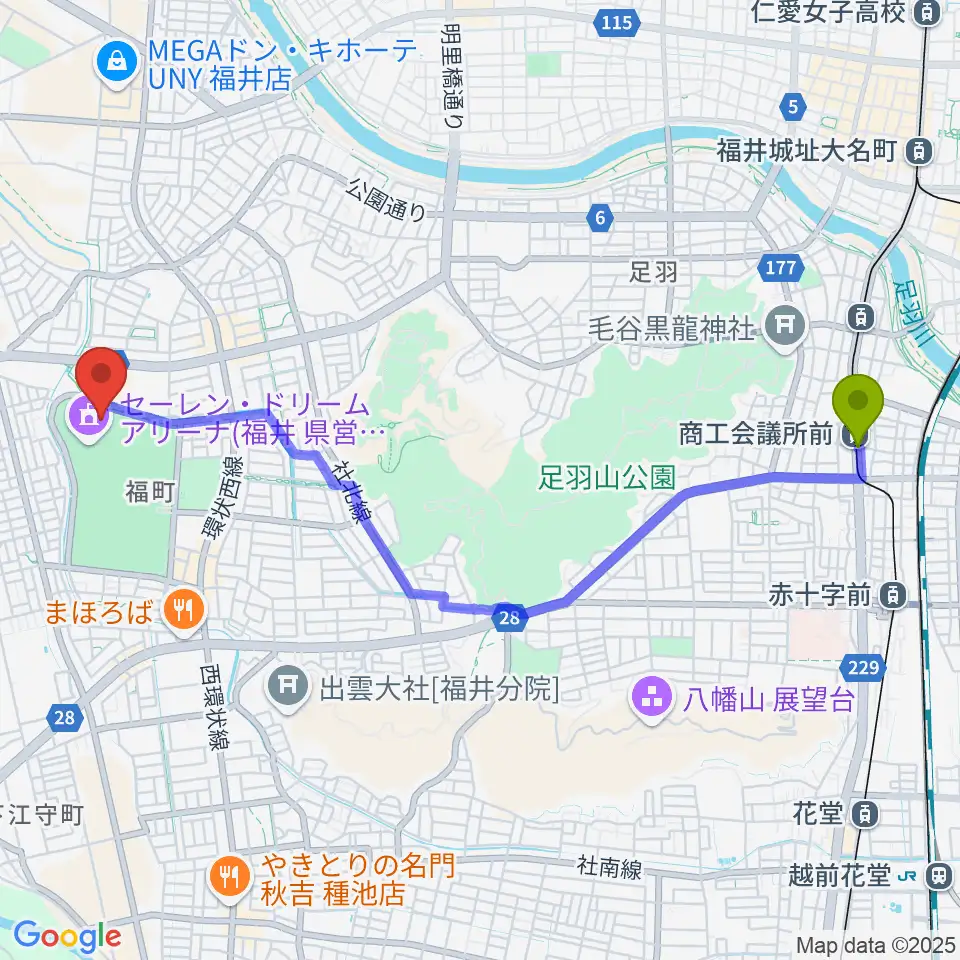 福井運動公園補助競技場の最寄駅商工会議所前駅からの徒歩ルート（約49分）地図