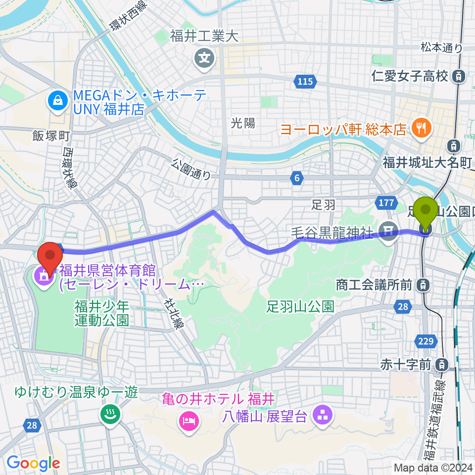 足羽山公園口駅から福井運動公園補助競技場へのルートマップ地図