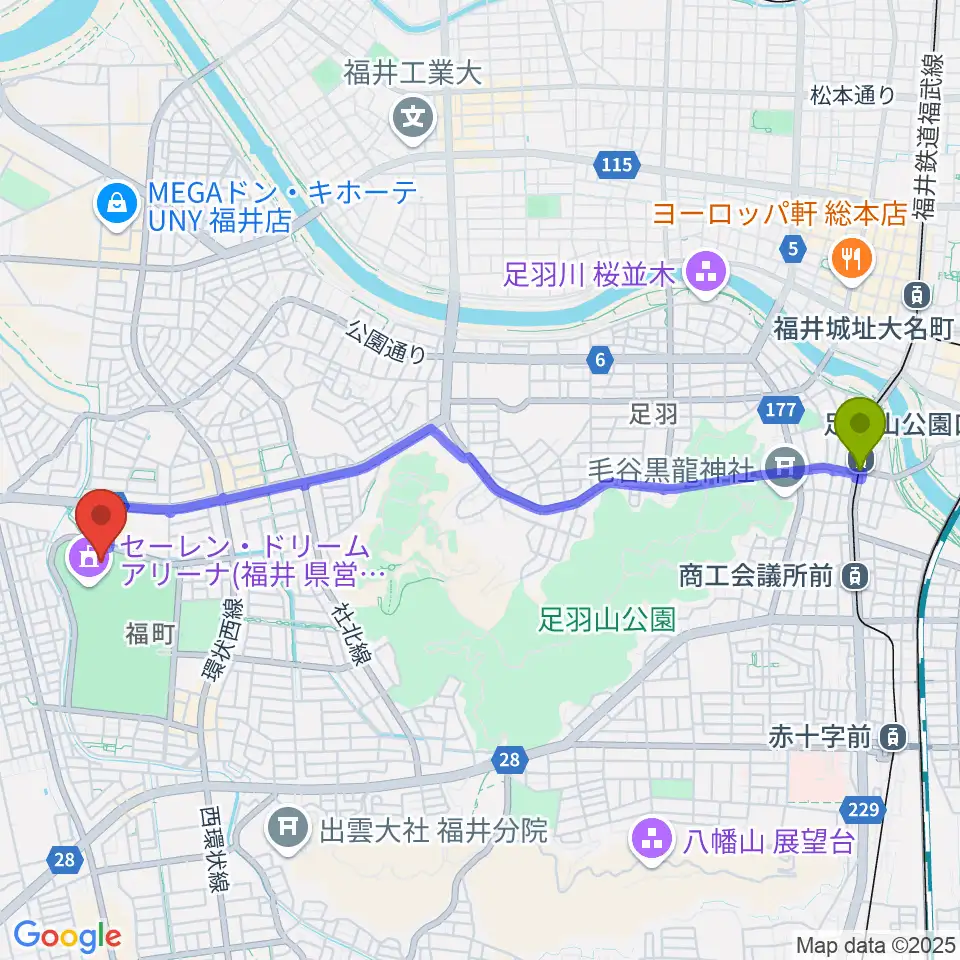 足羽山公園口駅から福井運動公園補助競技場へのルートマップ地図