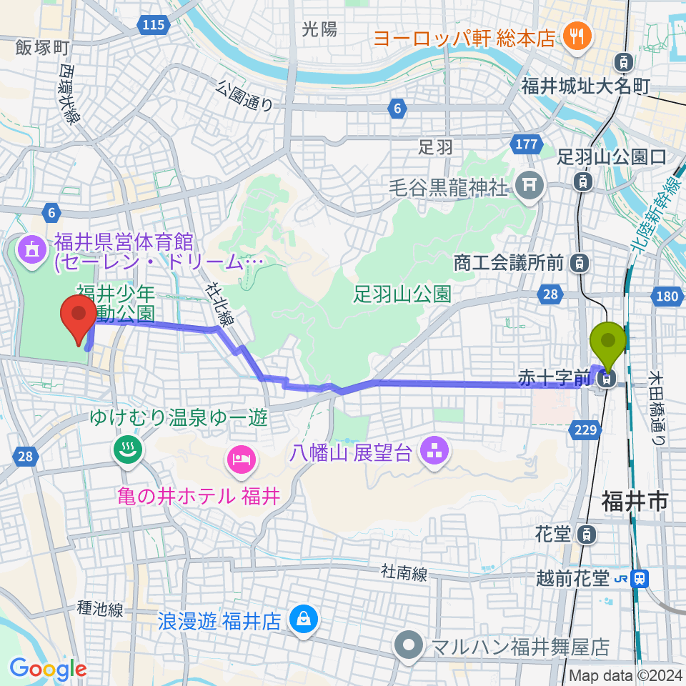 赤十字前駅から福井県営水泳場へのルートマップ地図