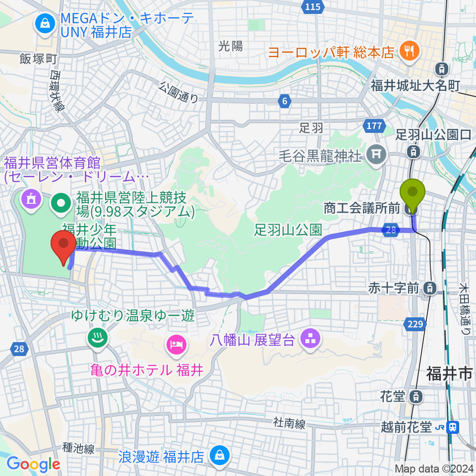 福井県営水泳場の最寄駅商工会議所前駅からの徒歩ルート（約46分）地図