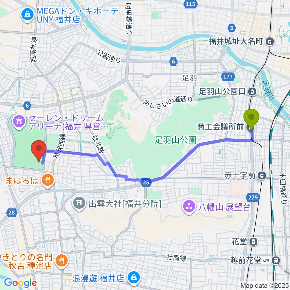 福井県営水泳場の最寄駅商工会議所前駅からの徒歩ルート（約46分）地図