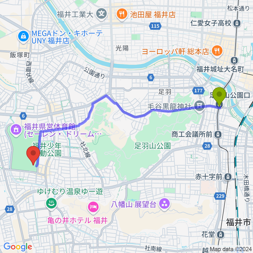 足羽山公園口駅から福井県営水泳場へのルートマップ地図