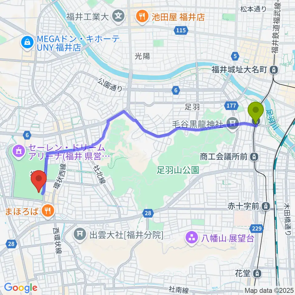 足羽山公園口駅から福井県営水泳場へのルートマップ地図