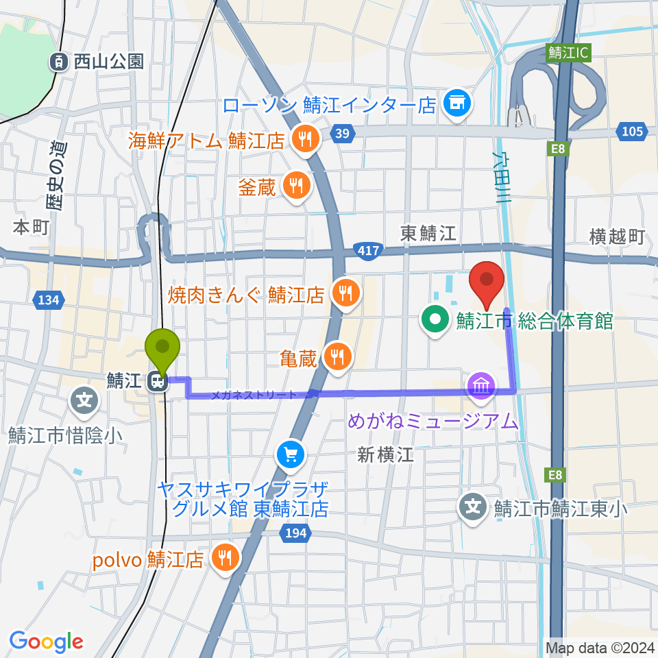 鯖江市東公園陸上競技場の最寄駅鯖江駅からの徒歩ルート（約16分）地図