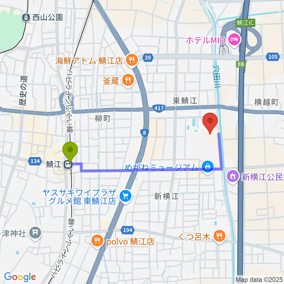 鯖江市東公園陸上競技場の最寄駅鯖江駅からの徒歩ルート（約16分）地図