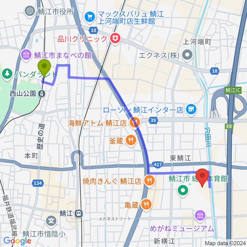 西山公園駅から鯖江市東公園陸上競技場へのルートマップ地図