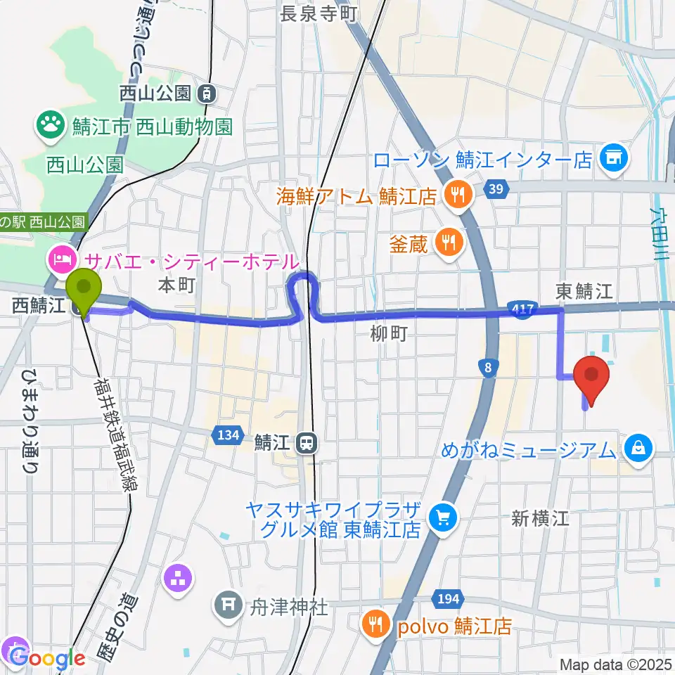 西鯖江駅から鯖江市総合体育館へのルートマップ地図