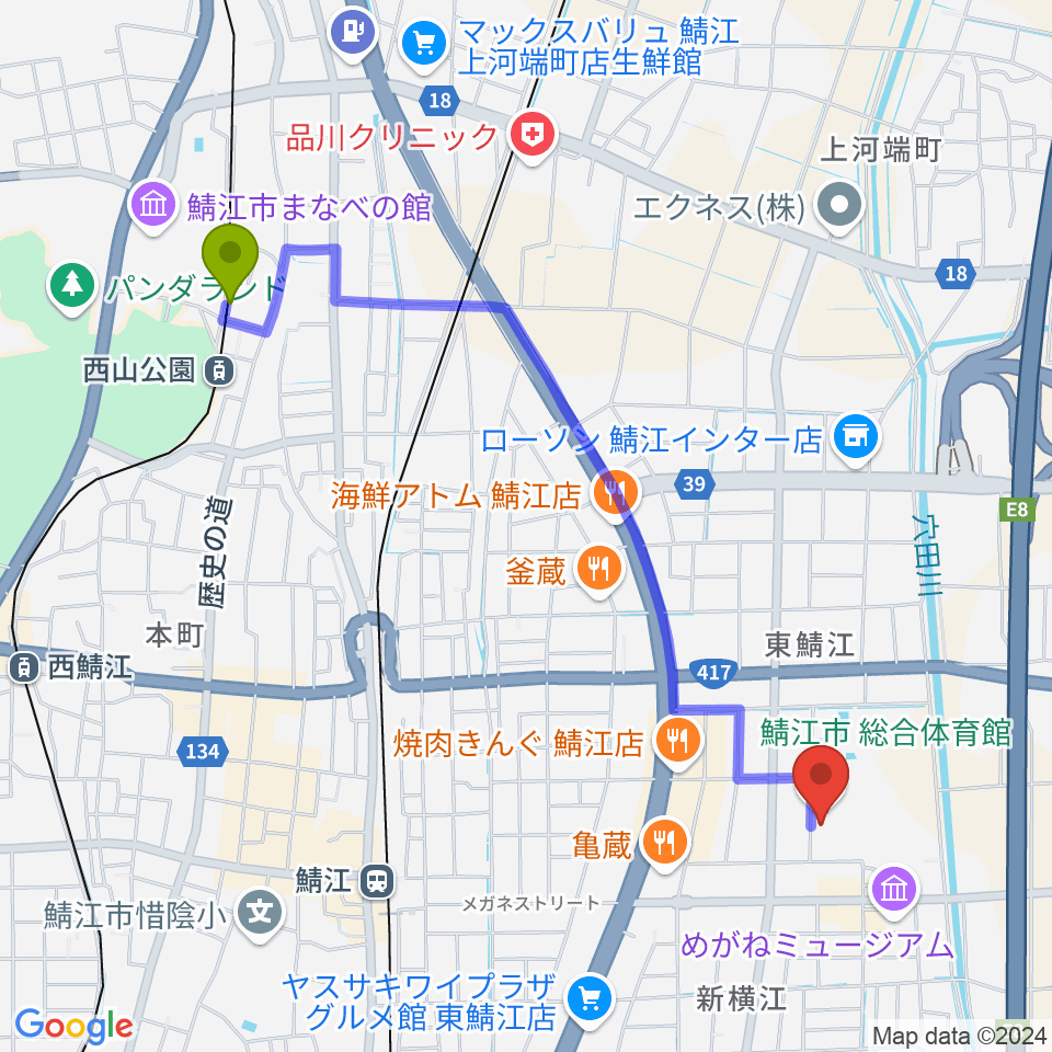 西山公園駅から鯖江市総合体育館へのルートマップ地図