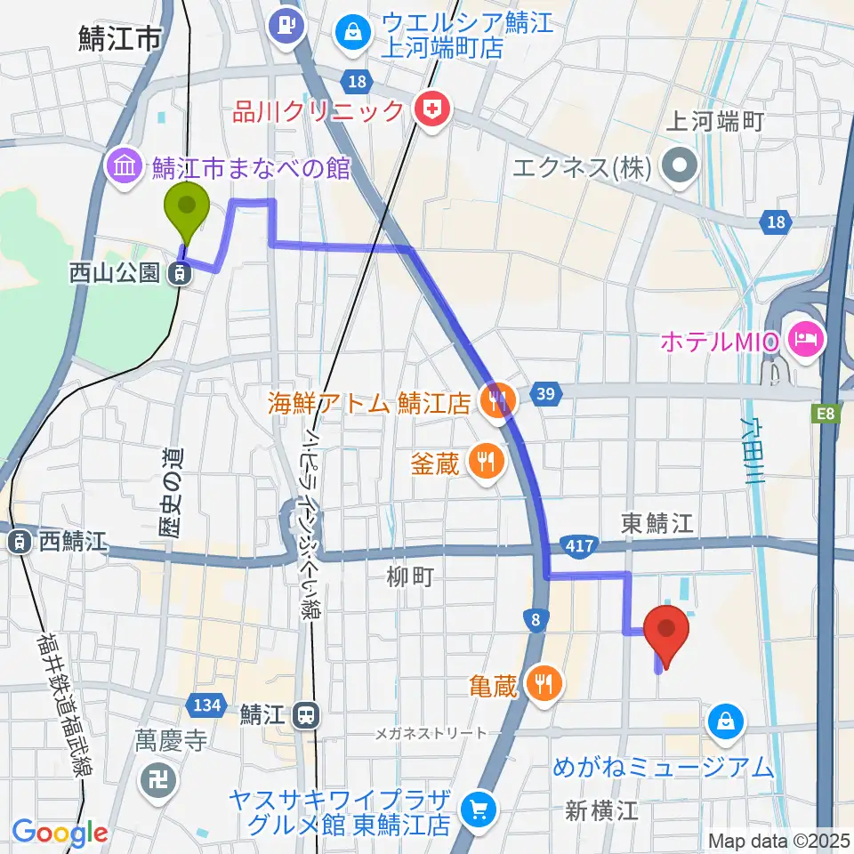 西山公園駅から鯖江市総合体育館へのルートマップ地図