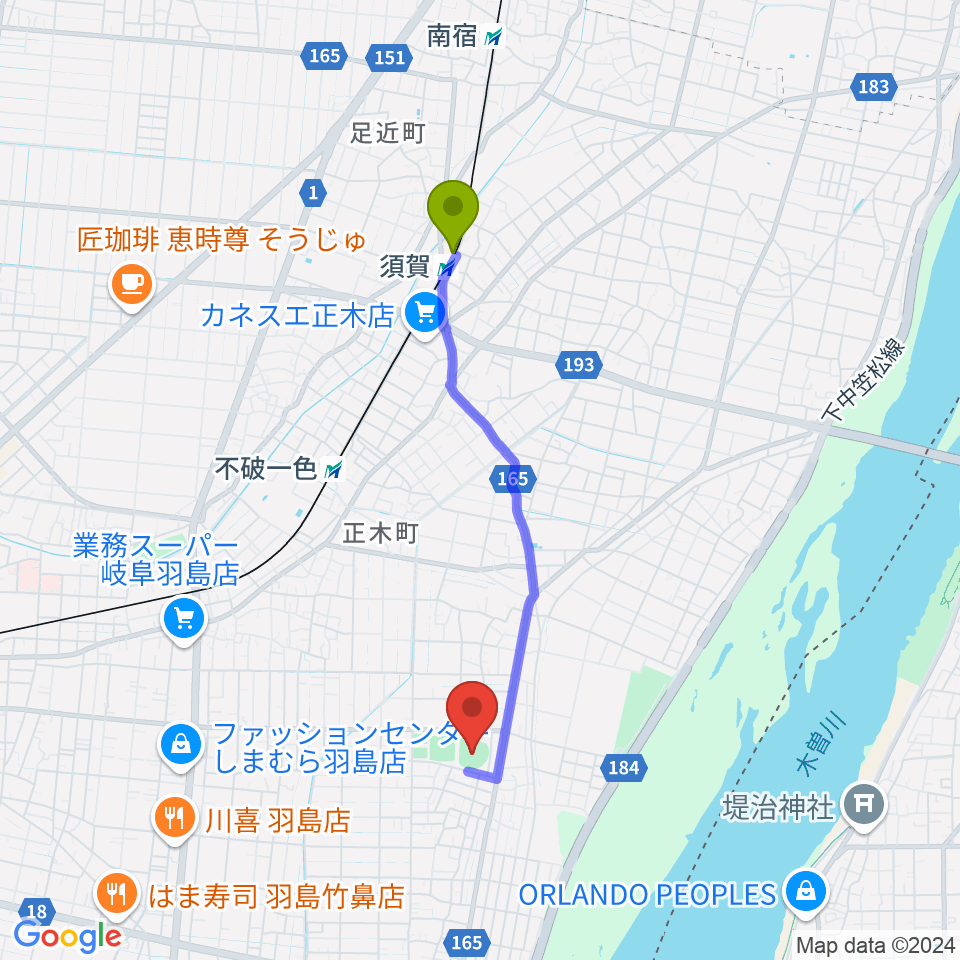 須賀駅からはしま清流スタジアムへのルートマップ地図