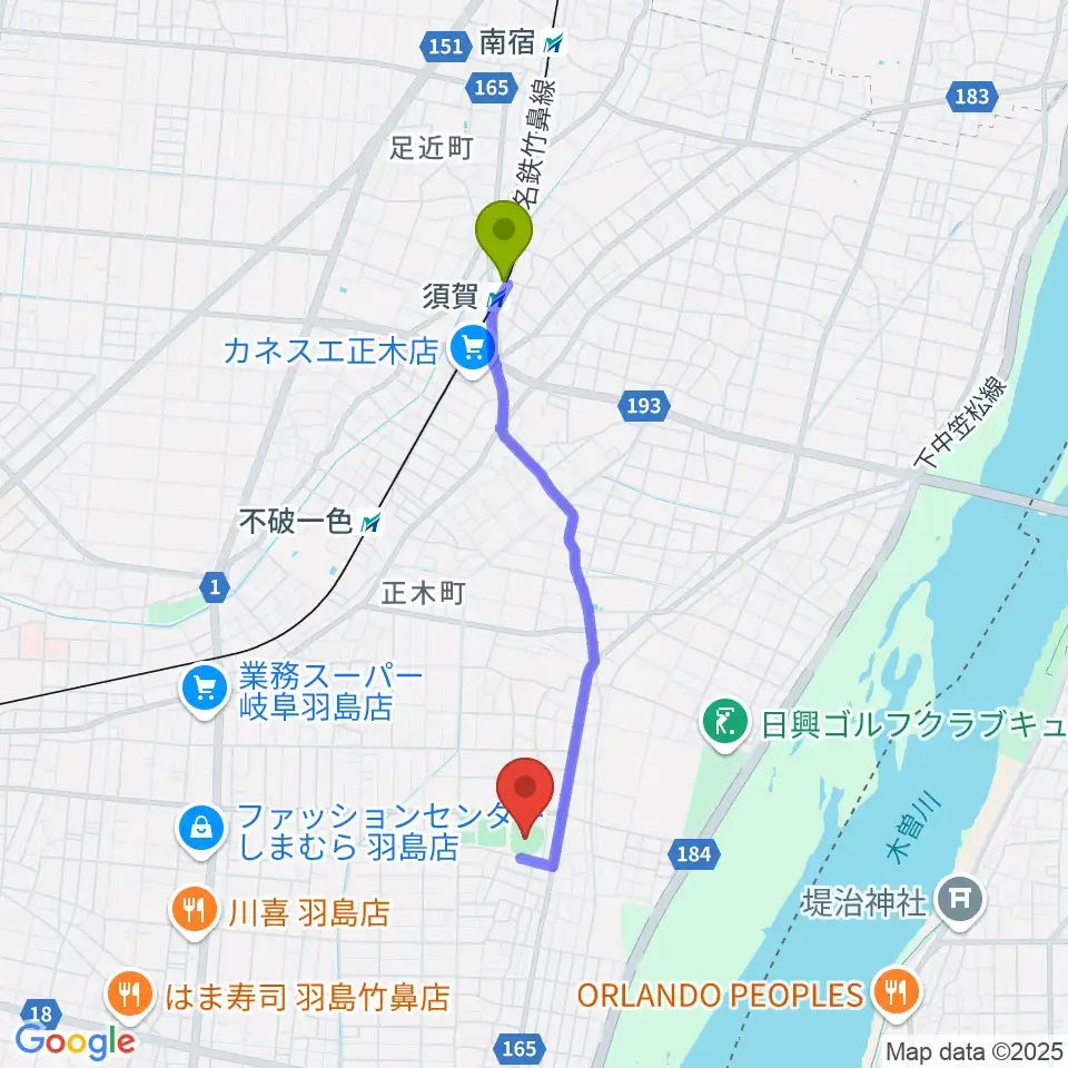 須賀駅からはしま清流スタジアムへのルートマップ地図