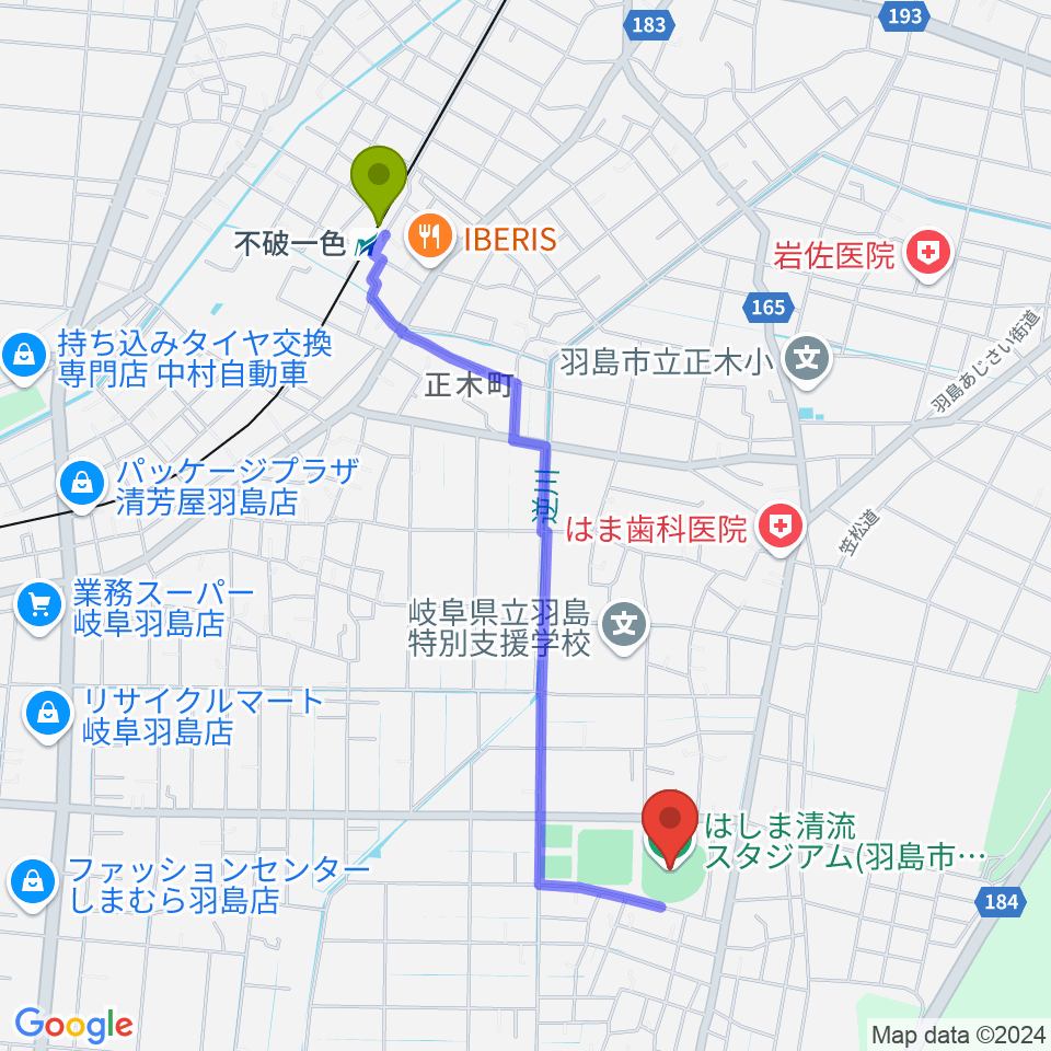 はしま清流スタジアムの最寄駅不破一色駅からの徒歩ルート（約21分）地図