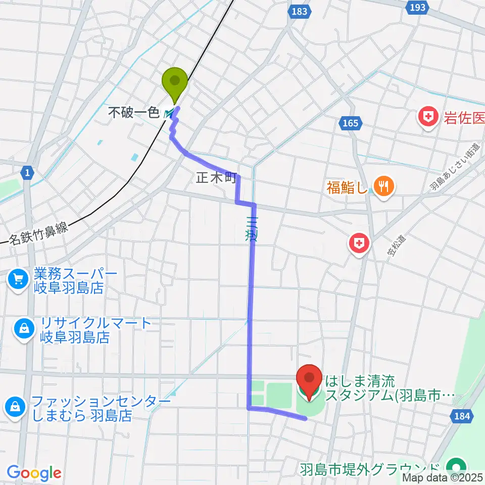 はしま清流スタジアムの最寄駅不破一色駅からの徒歩ルート（約21分）地図