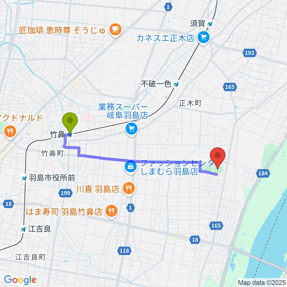 竹鼻駅からはしま清流スタジアムへのルートマップ地図