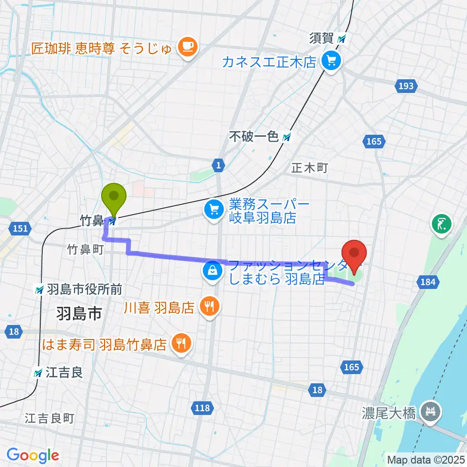 竹鼻駅からはしま清流スタジアムへのルートマップ地図