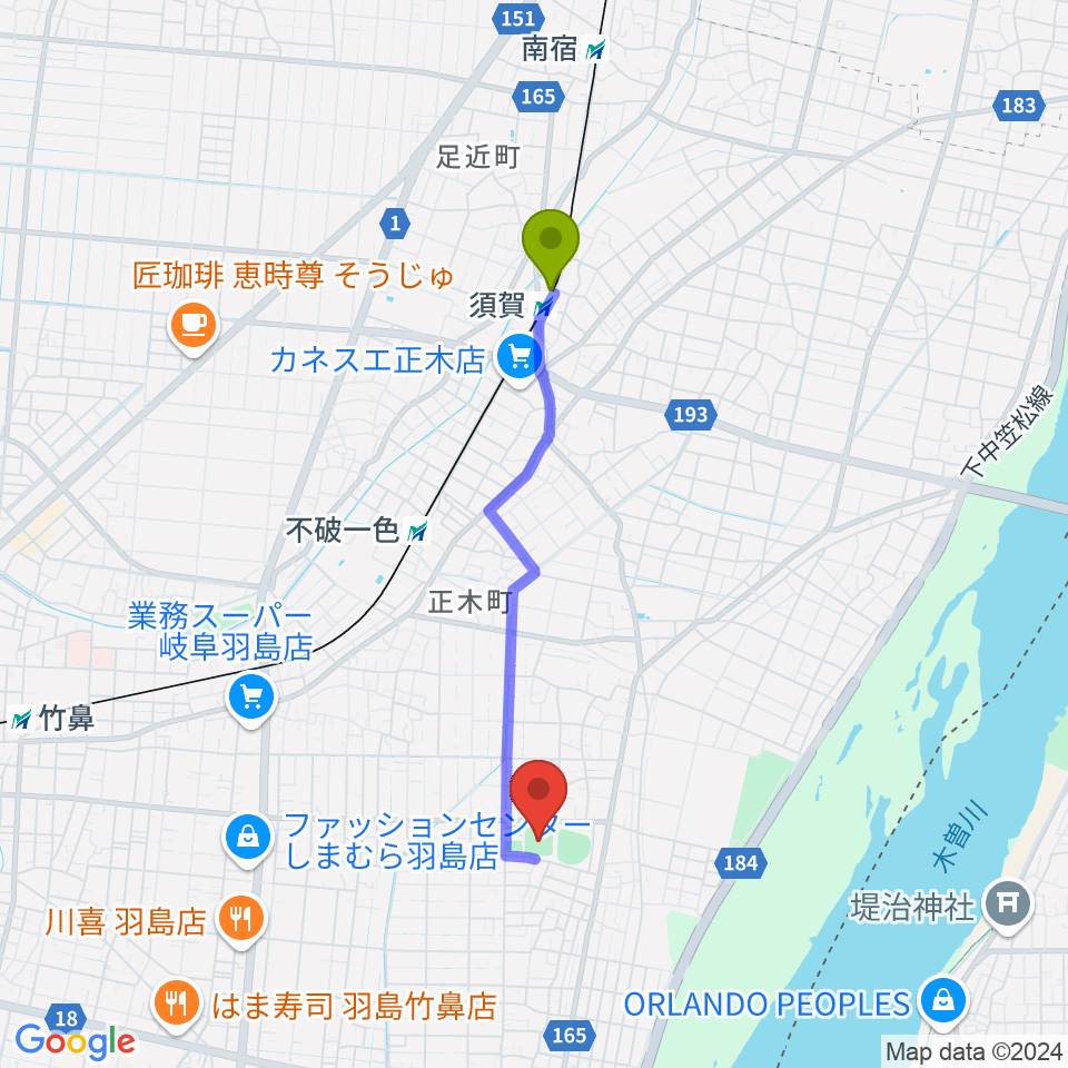 須賀駅から羽島市運動公園多目的広場へのルートマップ地図