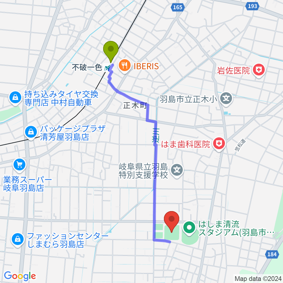 羽島市運動公園多目的広場の最寄駅不破一色駅からの徒歩ルート（約20分）地図