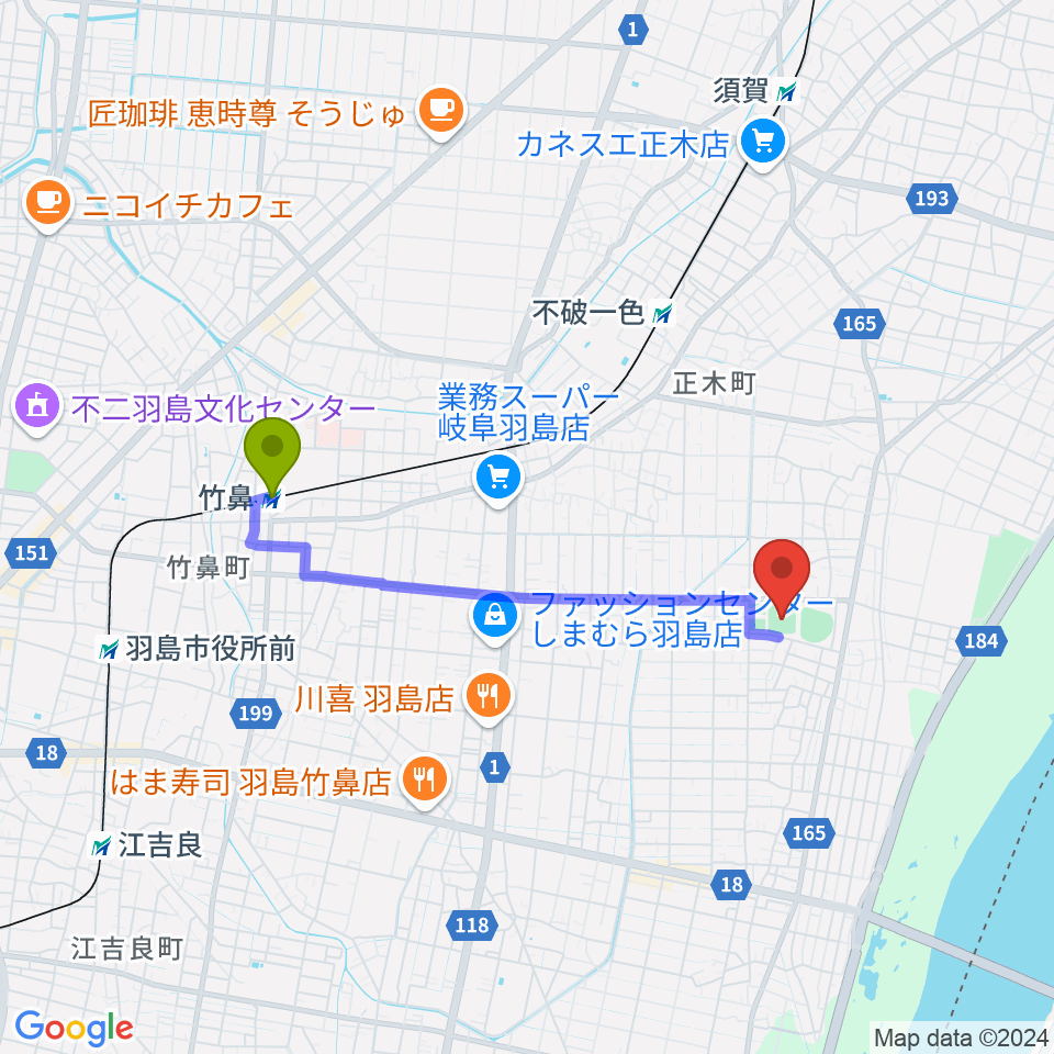 竹鼻駅から羽島市運動公園多目的広場へのルートマップ地図