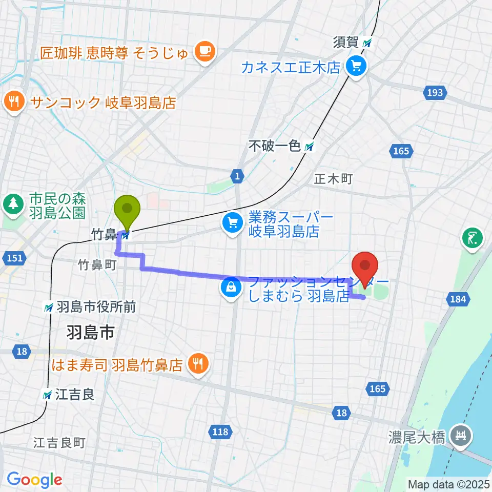 竹鼻駅から羽島市運動公園多目的広場へのルートマップ地図