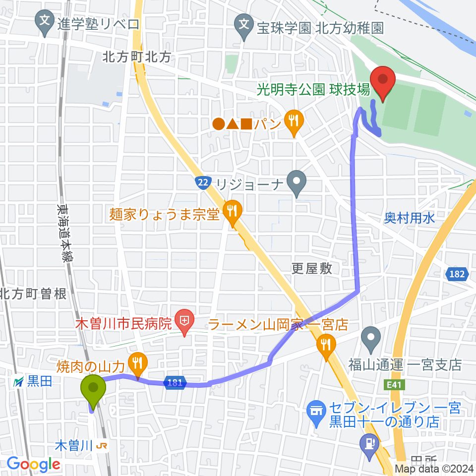 光明寺公園球技場の最寄駅木曽川駅からの徒歩ルート（約28分）地図