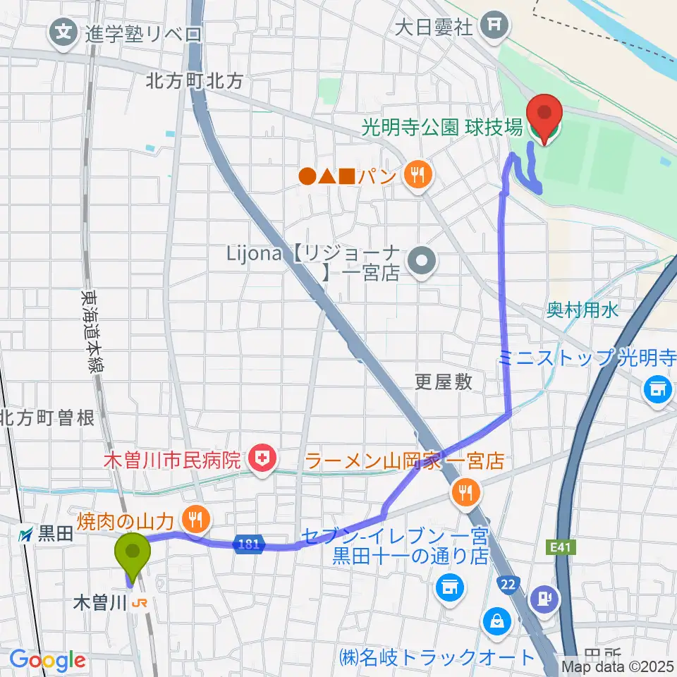 光明寺公園球技場の最寄駅木曽川駅からの徒歩ルート（約28分）地図