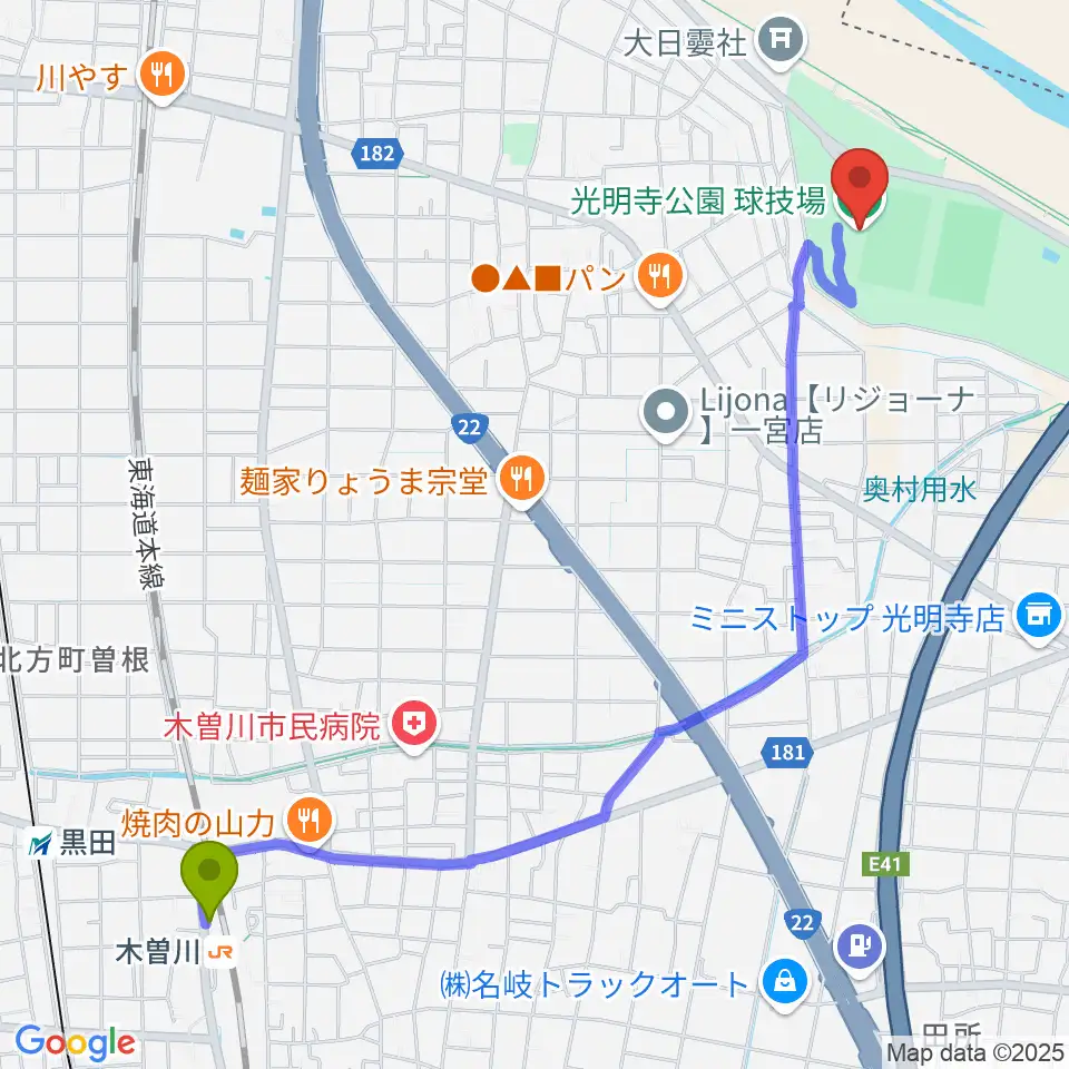 光明寺公園球技場の最寄駅木曽川駅からの徒歩ルート（約28分）地図