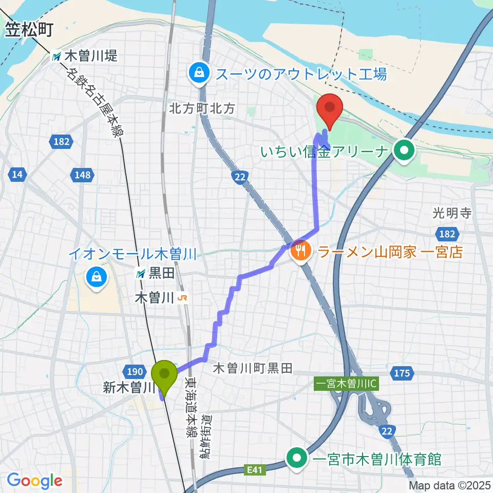 新木曽川駅から光明寺公園球技場へのルートマップ地図