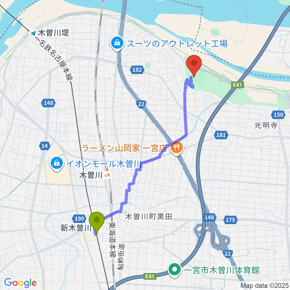 新木曽川駅から光明寺公園球技場へのルートマップ地図