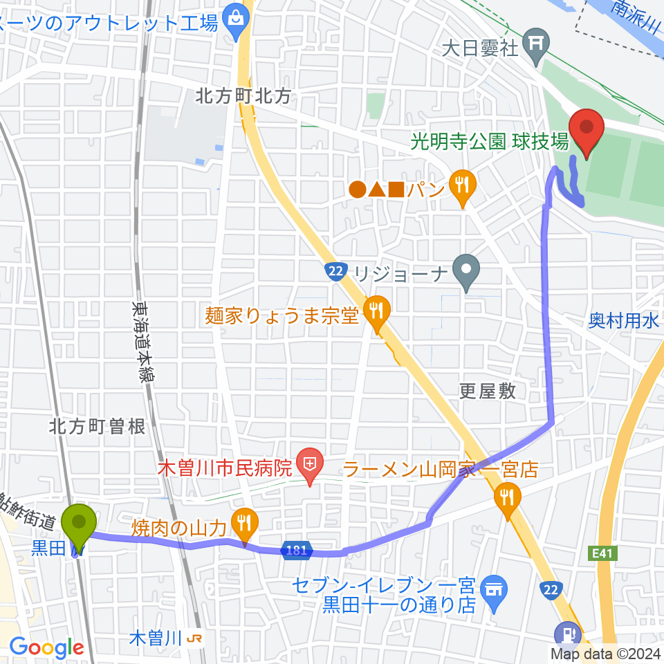 黒田駅から光明寺公園球技場へのルートマップ地図