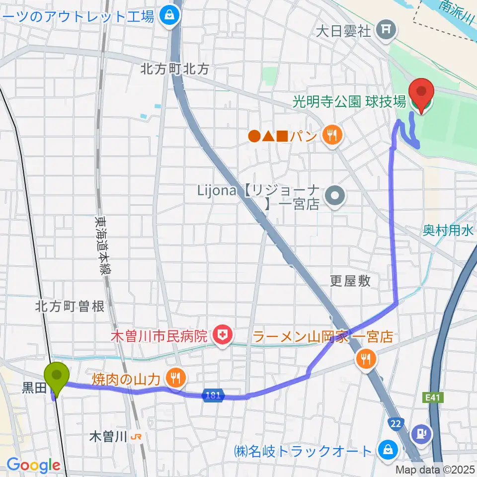 黒田駅から光明寺公園球技場へのルートマップ地図