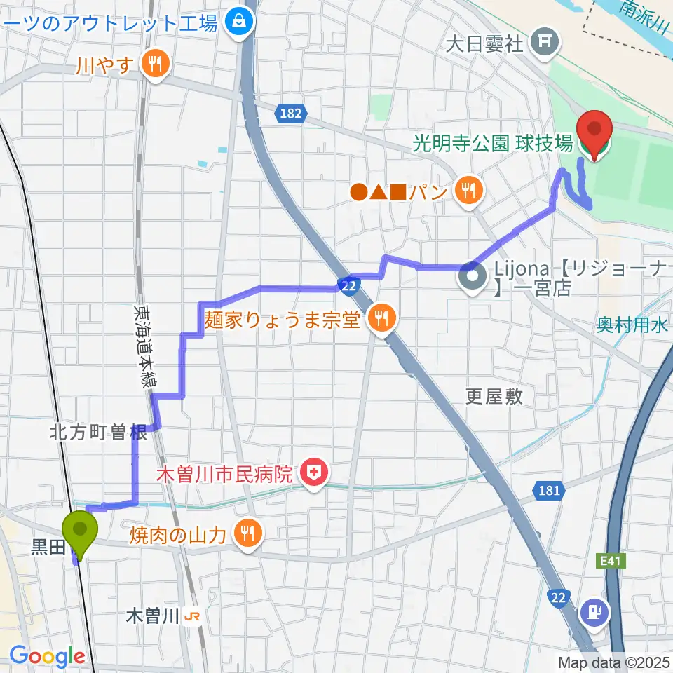 黒田駅から光明寺公園球技場へのルートマップ地図