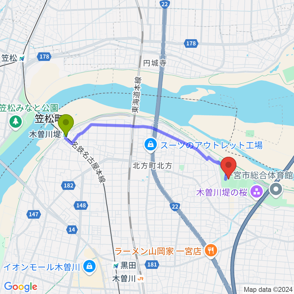 木曽川堤駅から光明寺公園球技場へのルートマップ地図